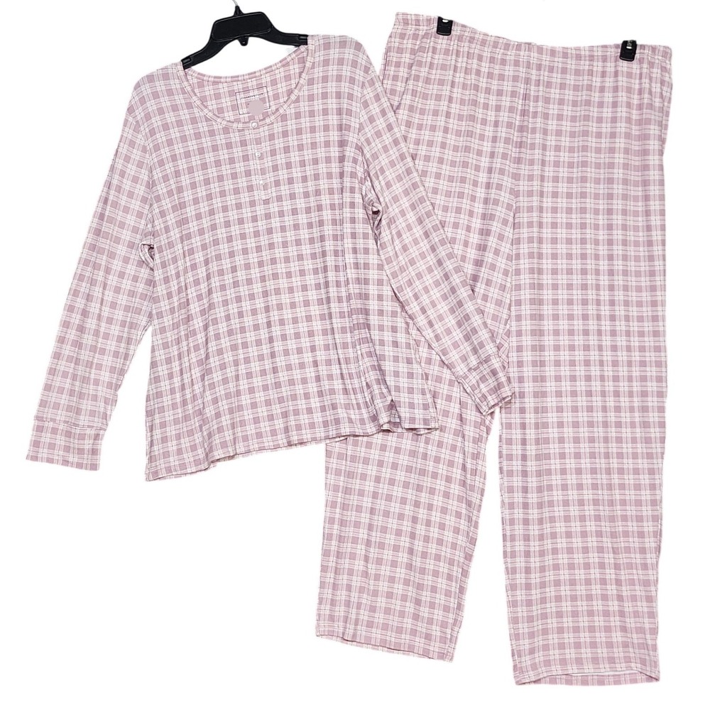Charter Club Pajama Set Loungewear Henley Top & Pants Dusty Rose Plaid Soft XXL